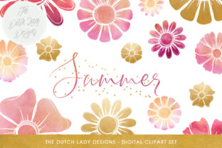Flower Clipart Set - Summer Party - Floral Graphics in Pink Watercolor Gold